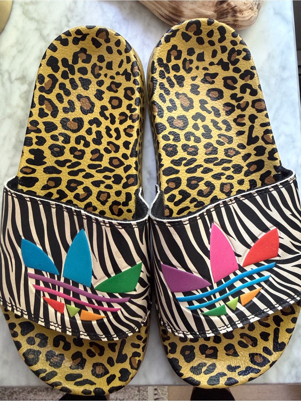 adidas Zebra Strap & Leopard Footbed Slides with Rainbow Trefoil
